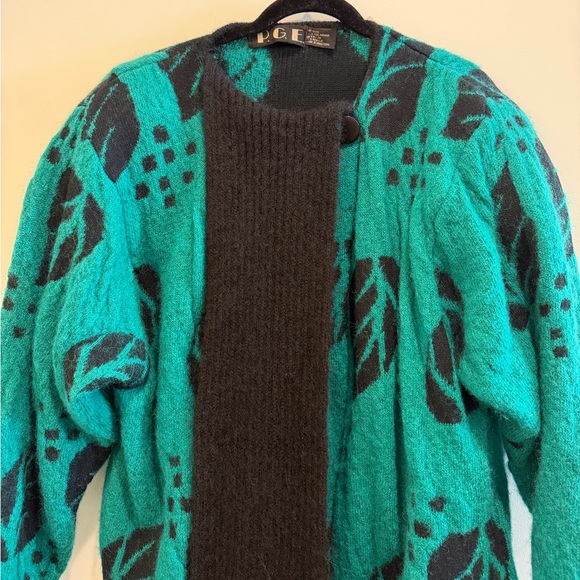 Vtg P.G.E Teal & Black Wool Mohair Knit Cardigan Sweater Jacket, Sz Small - Picture 2 of 8
